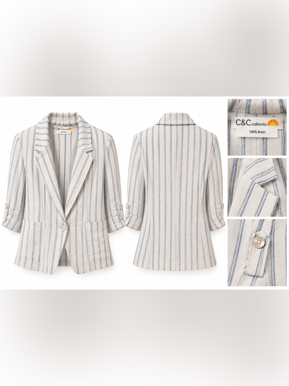 C&C California 100% Linen Blue & White Striped Blazer